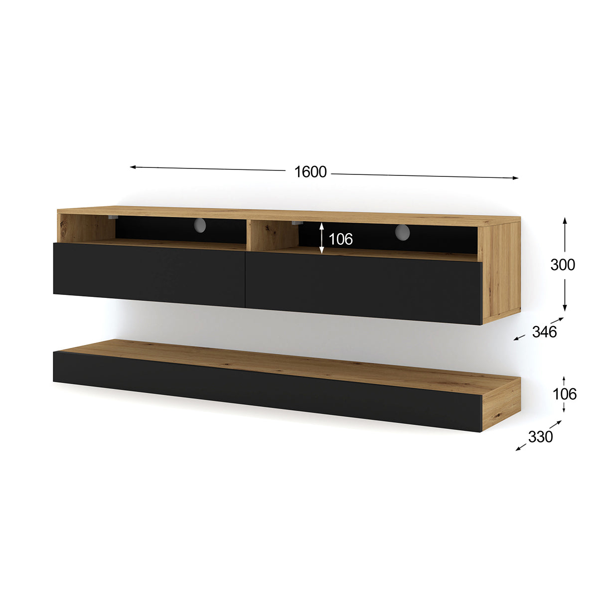 Mur TV 2 portes 160 cm Vega Bois et Noir - vue 4