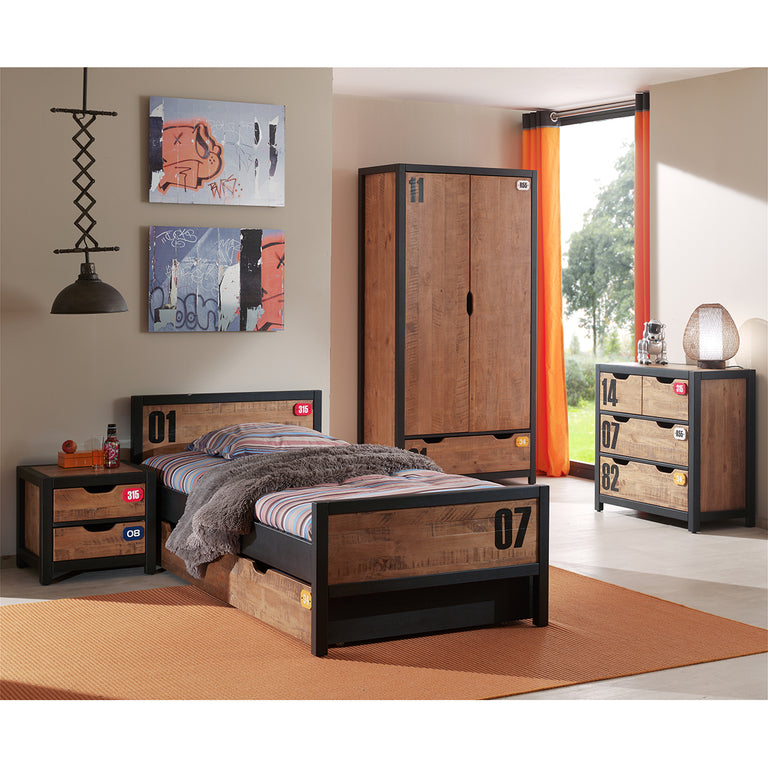 Lit 90x200 sommier inclus - Tiroir de lit - Chevet 2 tiroirs - Armoire 2 portes et Commode 4 tiroirs Vipack Alex - Noir et Bois