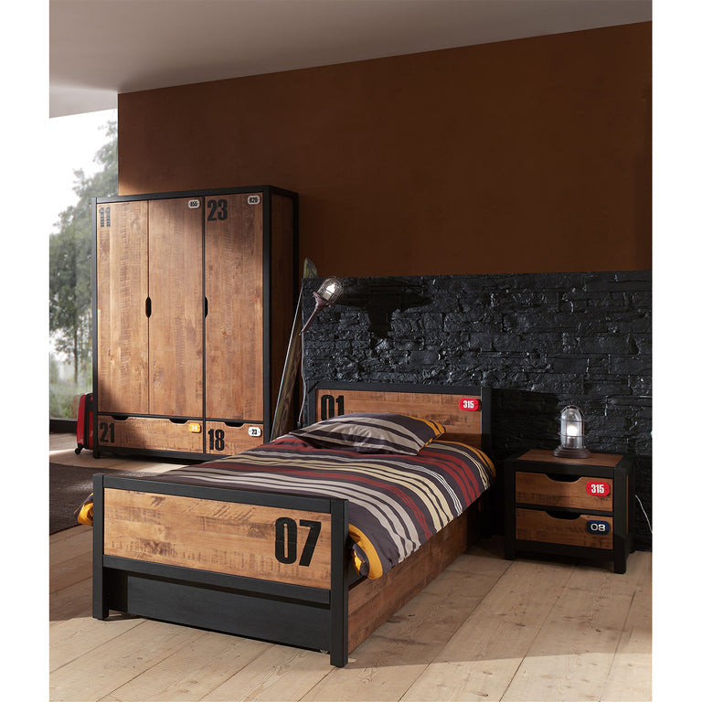 Lit 90x200 sommier inclus - Tiroir de lit - Chevet 2 tiroirs et Armoire 3 portes Vipack Alex - Noir et Bois