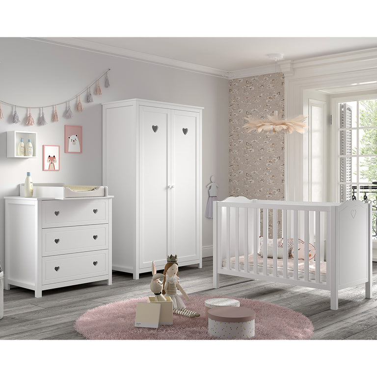 Chambre complète lit bébé 60x120 commode à langer et armoire 2 portes Vipack Amori Blanc