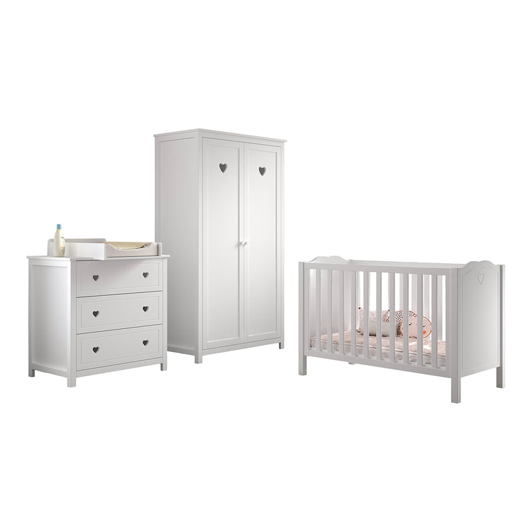 Chambre complète lit bébé 60x120 commode à langer et armoire 2 portes Vipack Amori Blanc - vue 2
