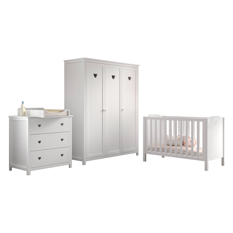 Chambre complète lit bébé 60x120 commode à langer et armoire 3 portes Vipack Amori Blanc - vue 2