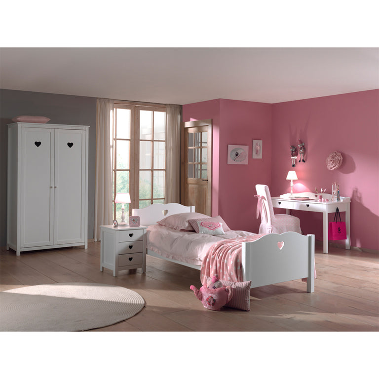 Lit 90x200 - Chevet 3 tiroirs - Armoire 2 portes et Bureau Vipack Amori - Blanc