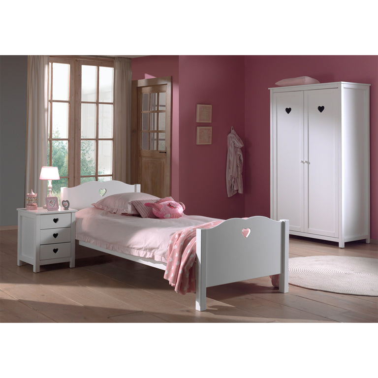 Lit 90x200 - Chevet 3 tiroirs et Armoire 2 portes Vipack Amori - Blanc