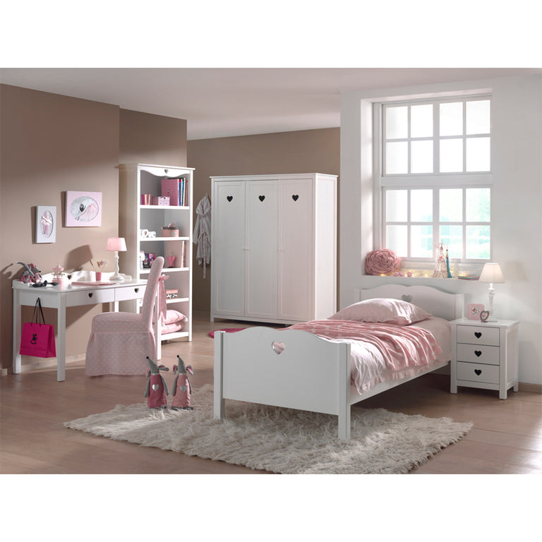 Lit 90x200 - Chevet 3 tiroirs - Armoire 3 portes - Bureau et Bibliothèque Vipack Amori - Blanc