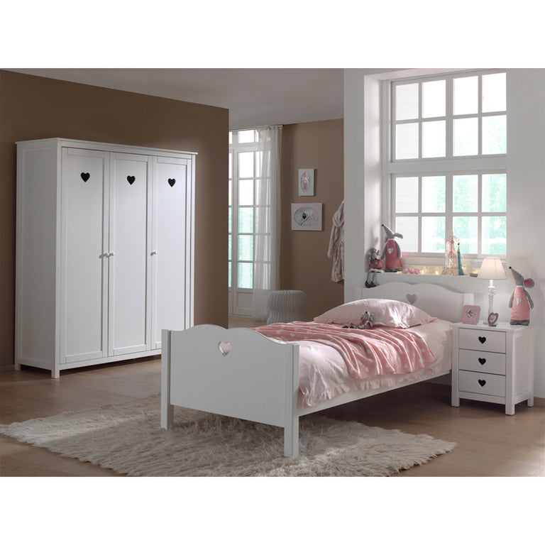 Lit 90x200 - Chevet 3 tiroirs et Armoire 3 portes  Vipack Amori - Blanc
