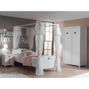 Lit à baldaquin 90x200 - Voile de lit - Chevet 3 tiroirs et Armoire 2 portes Vipack Amori - Blanc