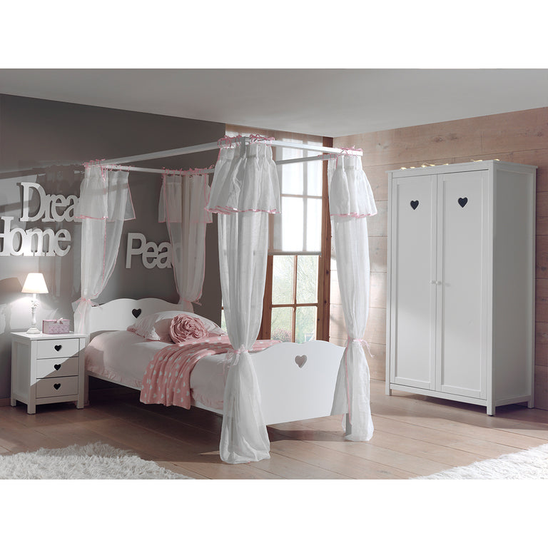 Lit à baldaquin 90x200 - Voile de lit - Chevet 3 tiroirs et Armoire 2 portes Vipack Amori - Blanc