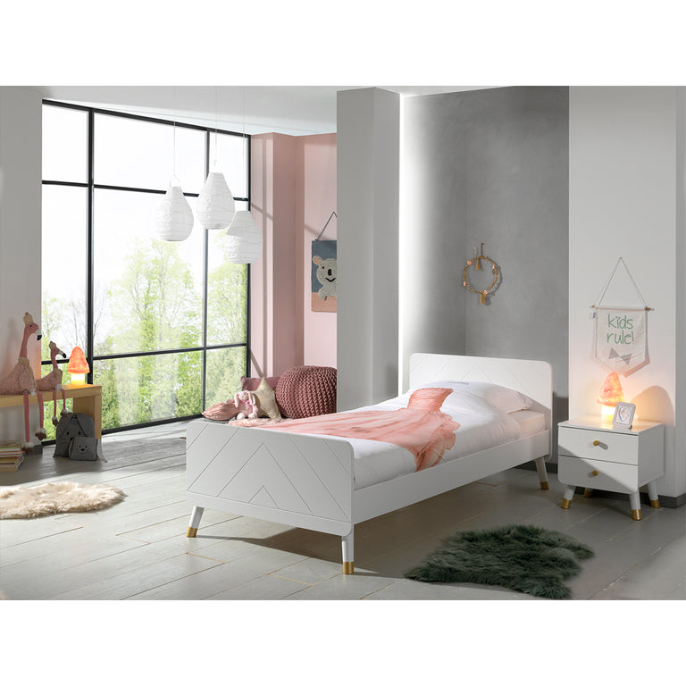 Lit 90x200 Sommier Inclus et Chevet 2 tiroirs Vipack Billy - Blanc Satin