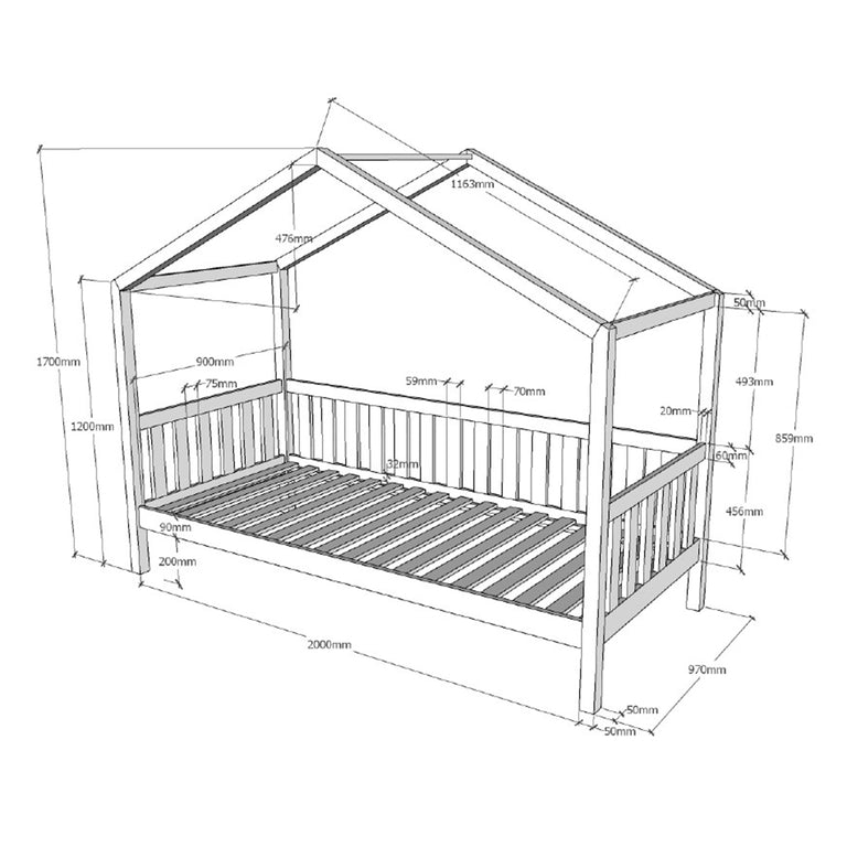 Lit cabane 90x200 sommier inclus Vipack Dallas Bois