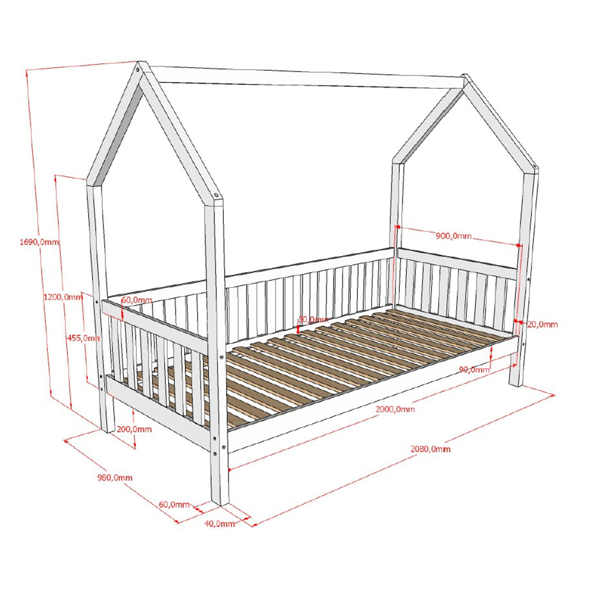 Lit cabane 90x200 sommier inclus Vipack Dallas Bois - vue 3
