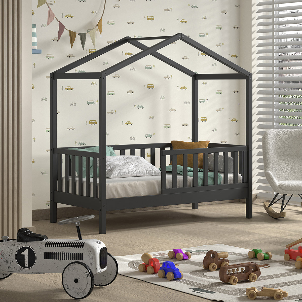 Lit cabane 70x140 sommier inclus Vipack Dallas Anthracite - vue 2