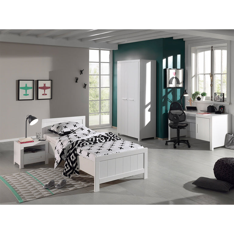 Lit 90x200 - Chevet 1 tiroir - Armoire 2 portes et Bureau Vipack Erik - Blanc