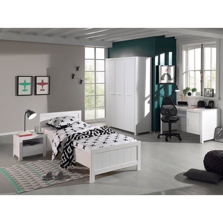 Lit 90x200 - Chevet 1 tiroir - Armoire 3 portes et Bureau Vipack Erik - Blanc