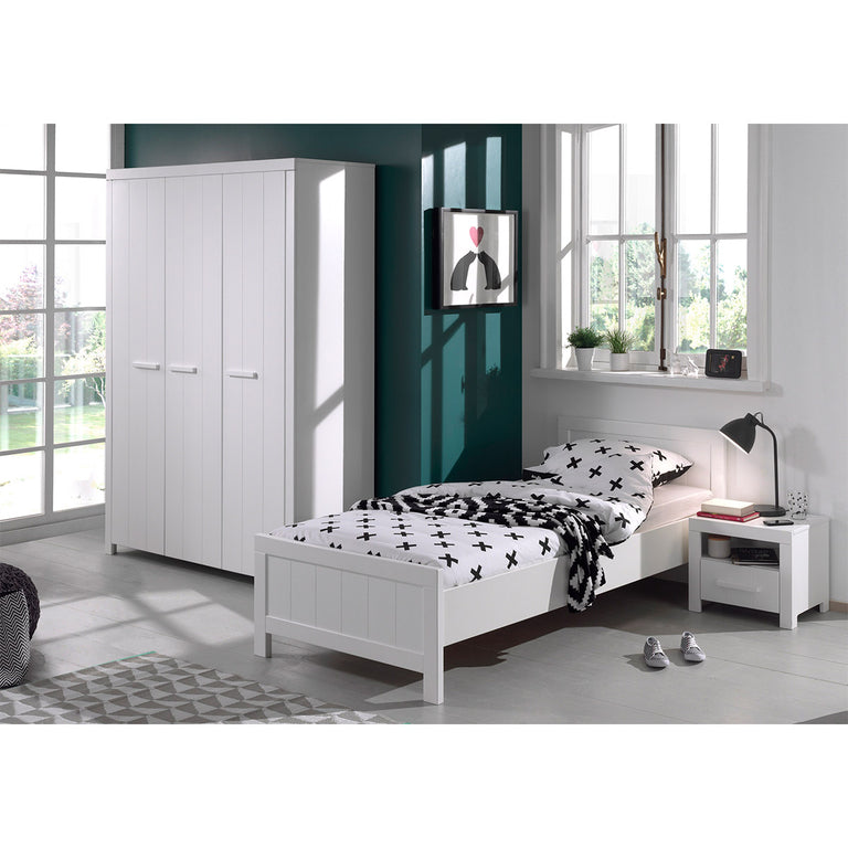 Lit 90x200 - Chevet 1 tiroir et Armoire 3 portes Vipack Erik - Blanc