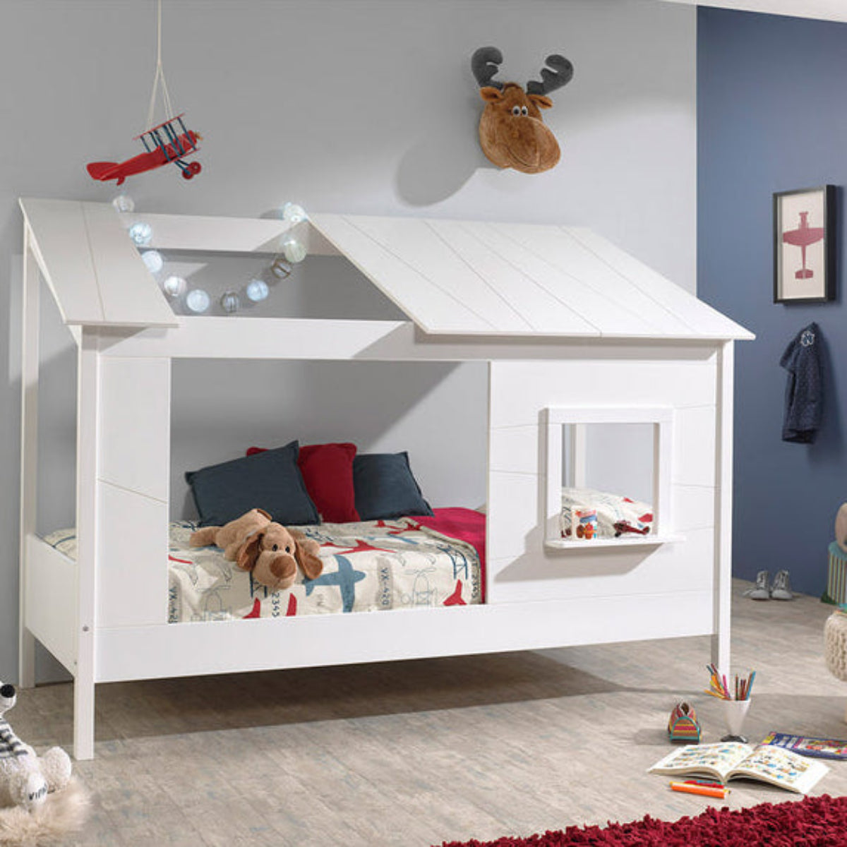 Lit Cabane 90x200 toit semi-ouvert et fenêtre Sommier inclus Vipack HouseBed - Blanc