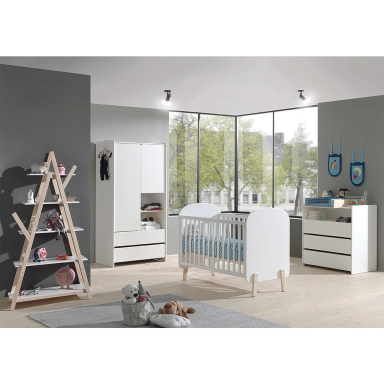 Lit bébé 60x120 Sommier Inclus, Commode 3 tiroirs, Plan à langer, Armoire 2 portes et Bibliothèque Vipack Kiddy - Blanc