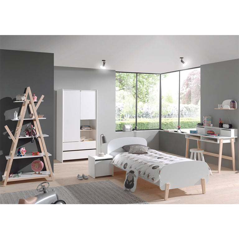 Lit 90x200 - Chevet 1 porte - Armoire 2 portes - Bureau et Bibliothèque Vipack Kiddy - Blanc
