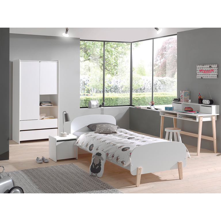 Lit 90x200 - Chevet 1 porte - Armoire 2 portes et Bureau Vipack Kiddy - Blanc