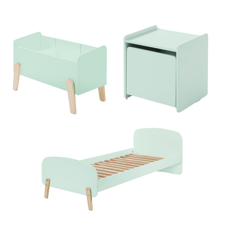Lit 90x200, Chevet 1 porte et Coffre à jouets Vipack Kiddy - Vert Menthe