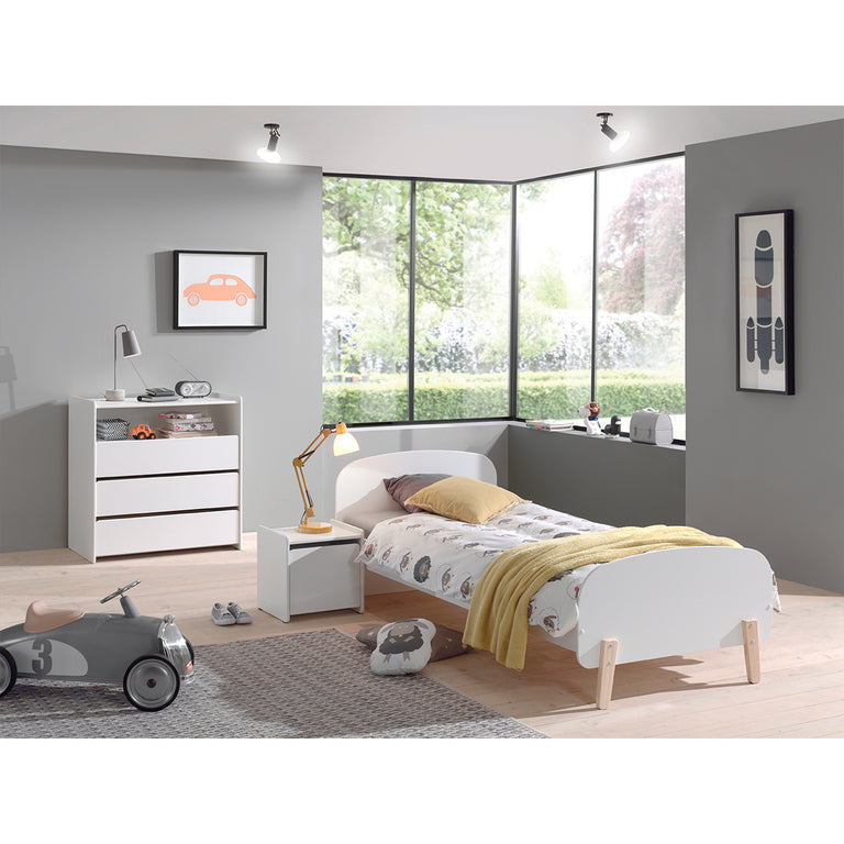Lit 90x200 - Chevet 1 porte et Commode 3 tiroirs Vipack Kiddy - Blanc