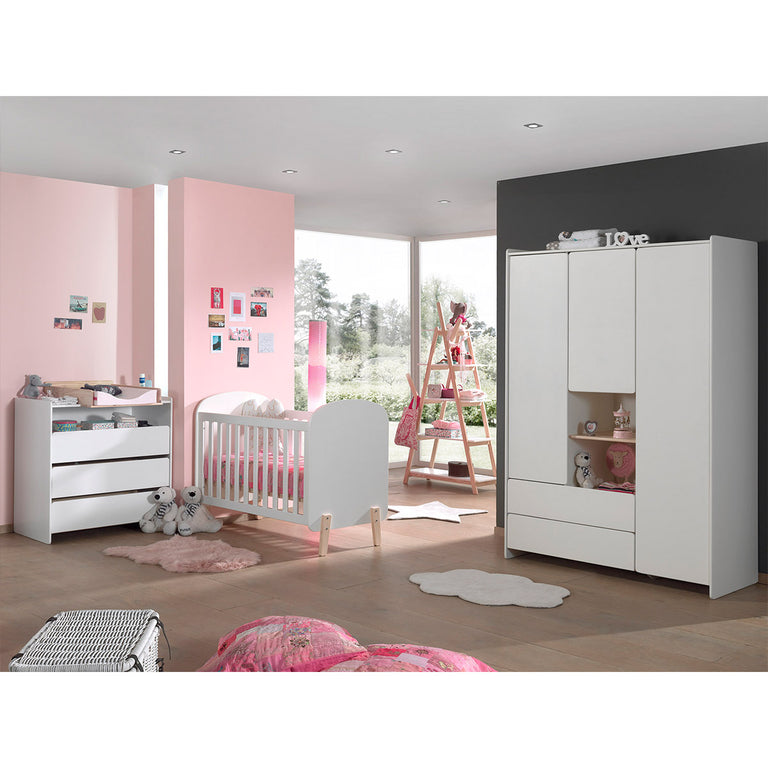 Lit bébé 60x120 Sommier Inclus, Commode 3 tiroirs, Plan à langer, Armoire 3 portes et Bibliothèque Vipack Kiddy - Blanc
