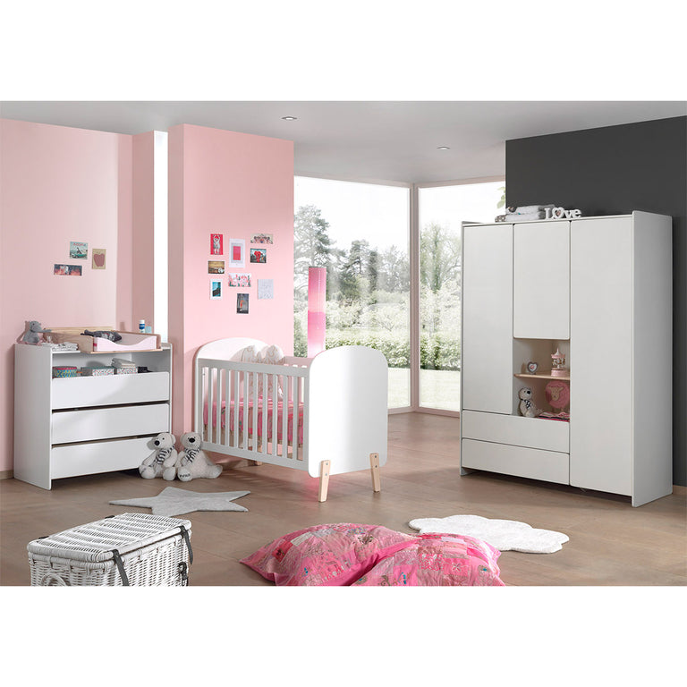 Lit bébé 60x120 Sommier Inclus, Commode 3 tiroirs, Plan à langer et Armoire 3 portes Vipack Kiddy - Blanc