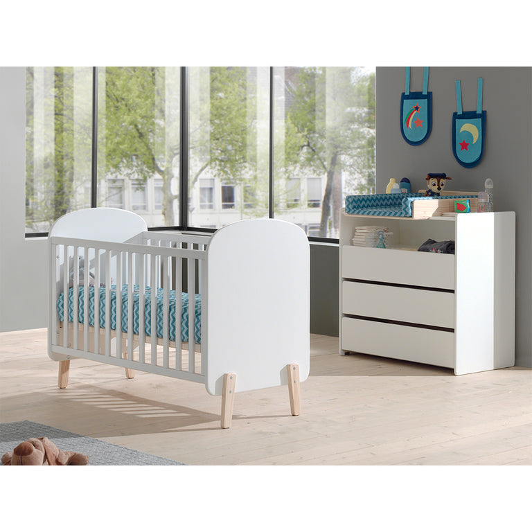 Lit bébé 60x120 Sommier Inclus, Commode 3 tiroirs et Plan à langer Vipack Kiddy - Blanc