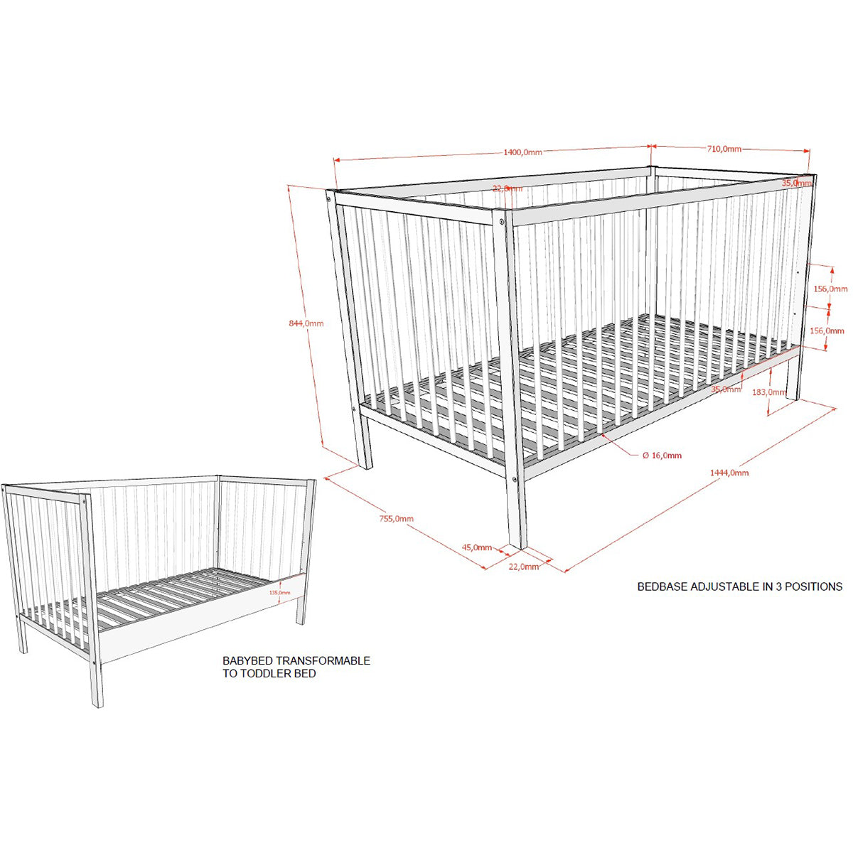 Lit évolutif 70x140 et Table à langer Vipack Meryl Bois foncé - vue 6