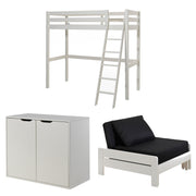Lit Mezzanine 90x200 Sommier Inclus - Commode 2 portes et Fauteuil Vipack Pino - Blanc
