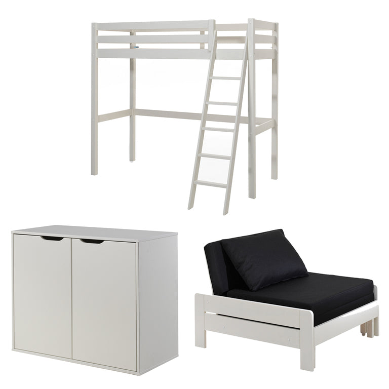 Lit Mezzanine 90x200 Sommier Inclus - Commode 2 portes et Fauteuil Vipack Pino - Blanc