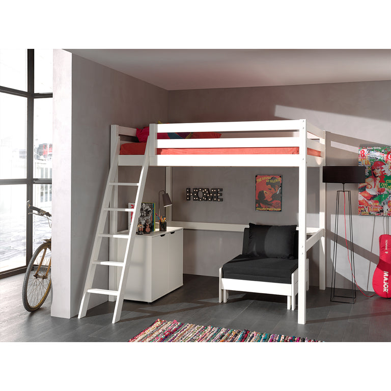 Lit Mezzanine 140x200 Sommier Inclus - Commode 2 portes et Fauteuil Vipack Pino - Blanc