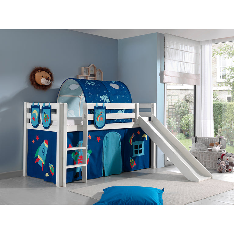 Lit Mi-Hauteur 90x200 avec Toboggan Sommier Inclus et Housse Astro Vipack Pino - Blanc