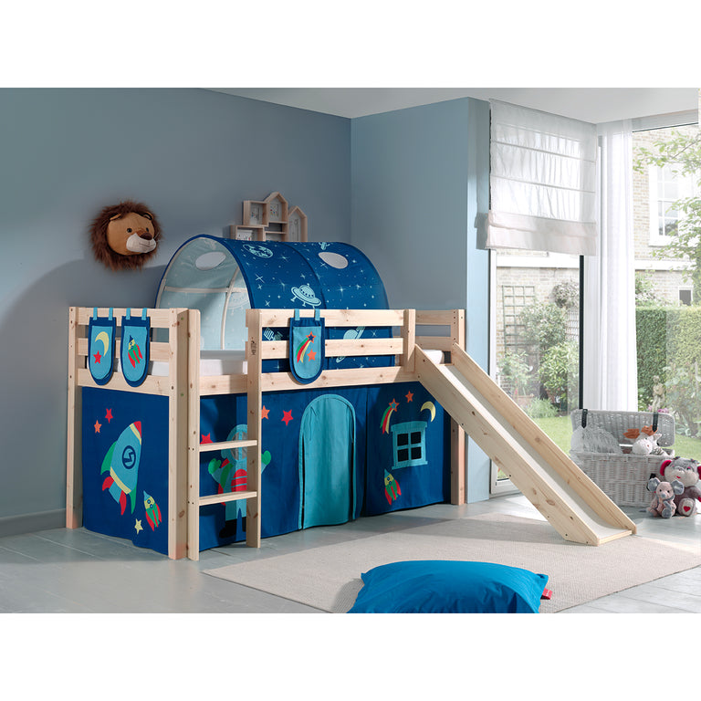 Lit Mi-Hauteur 90x200 avec Toboggan Sommier Inclus et Housse Astro Vipack Pino - Bois