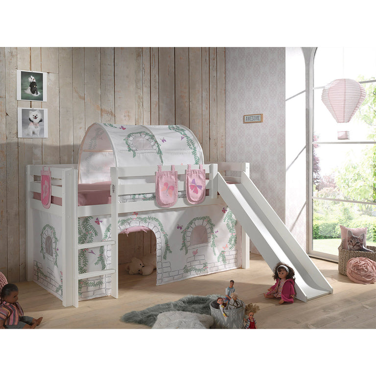 Lit Mi-Hauteur 90x200 avec Toboggan Sommier Inclus et Housse Birdy Vipack Pino - Blanc