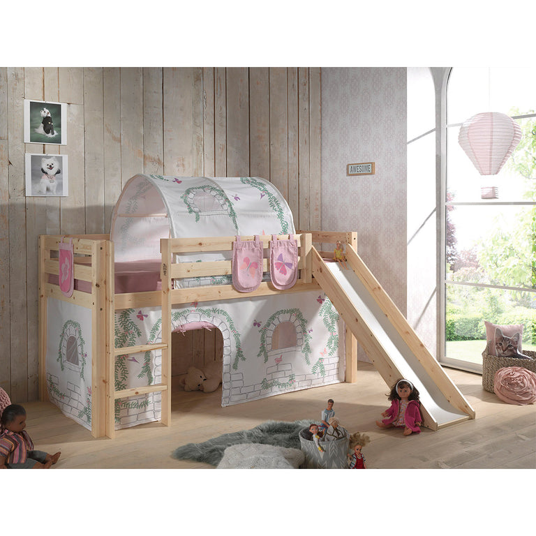 Lit Mi-Hauteur 90x200 avec Toboggan Sommier Inclus et Housse Birdy Vipack Pino - Bois