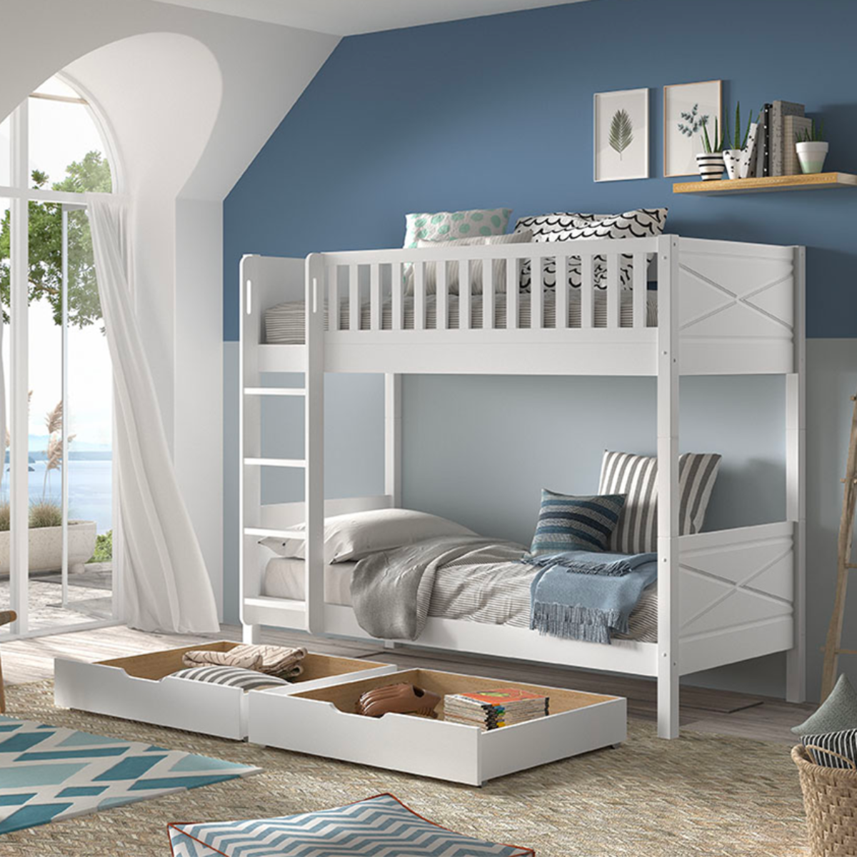 Lit superposé 90x200 sommiers et tiroirs inclus Vipack Scott Blanc - vue 3
