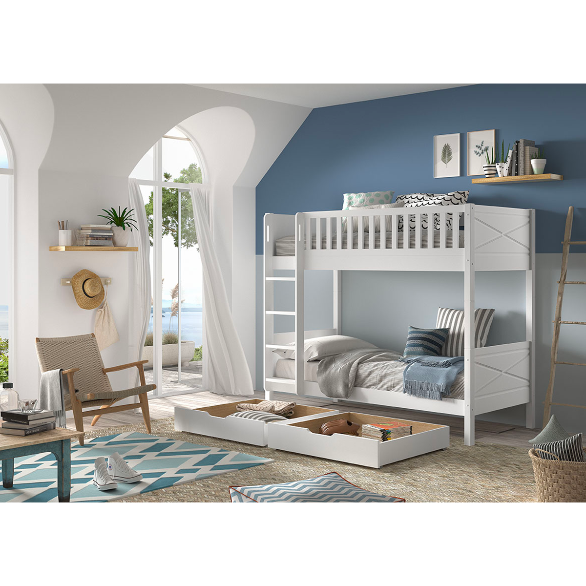 Lit superposé 90x200 sommiers et tiroirs inclus Vipack Scott Blanc - vue 3