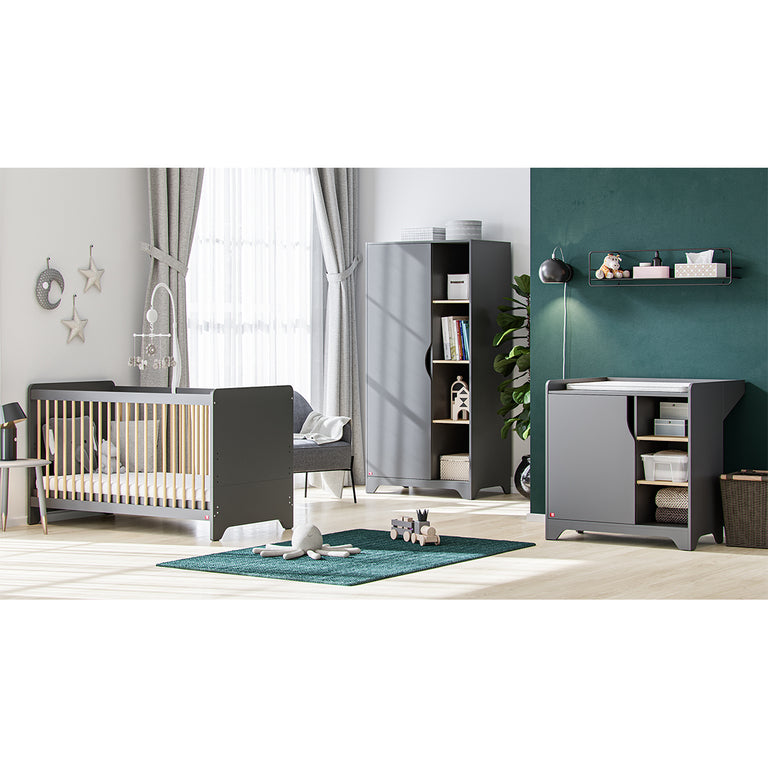 Chambre complète lit bébé - commode à langer - armoire 1 porte Vox Leaf Gris et bois