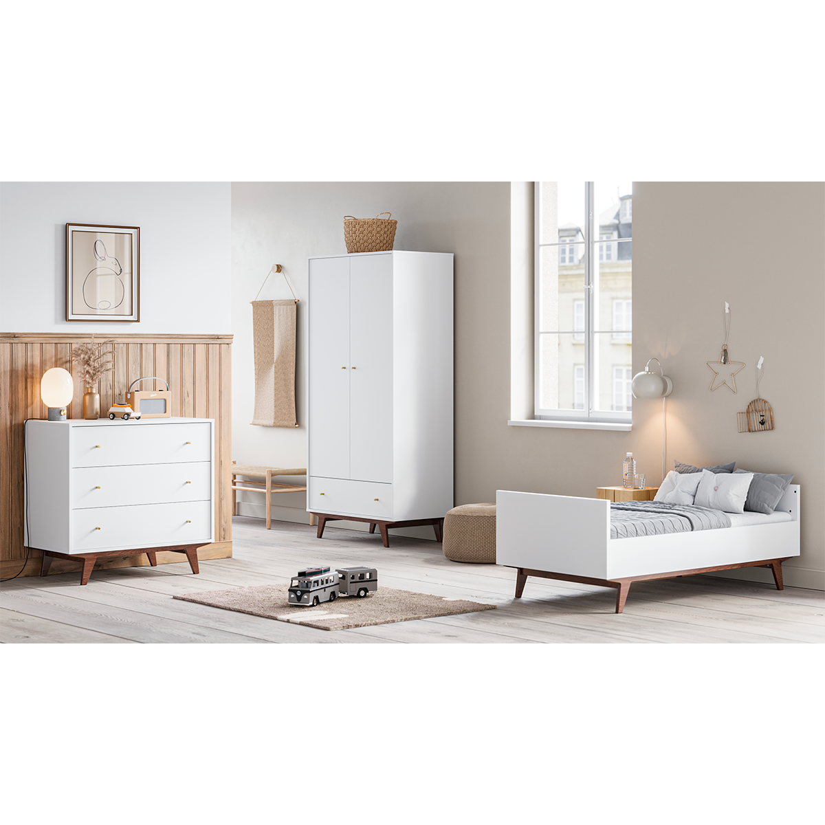 Chambre complète lit évolutif 70x140 commode à langer et armoire 2 portes 1 tiroir Vox Mid - Blanc et bois