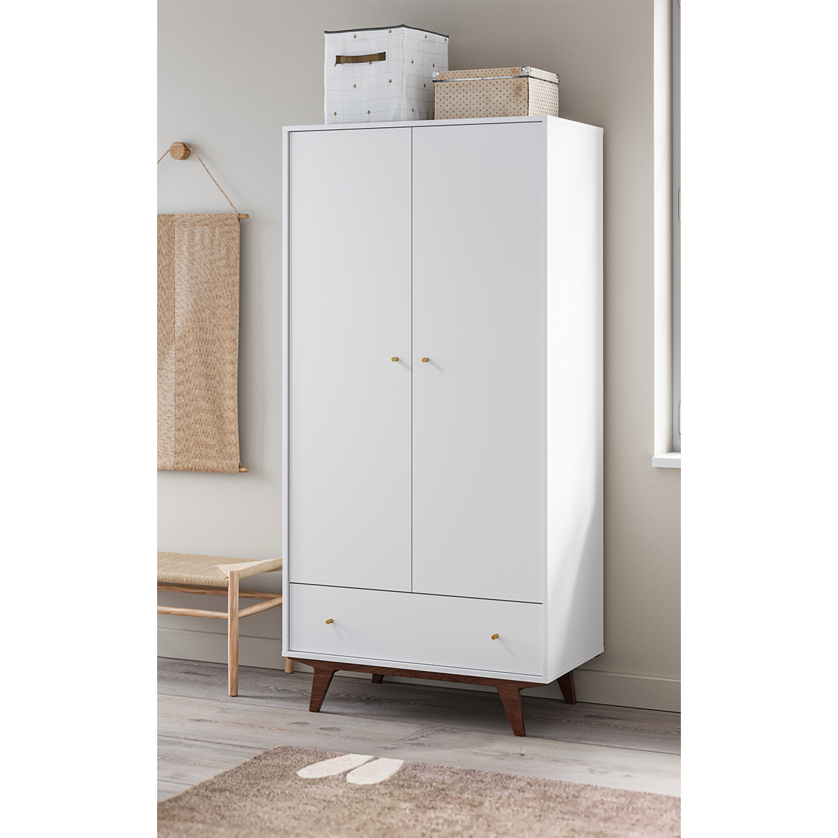 Commode 3 tiroirs et armoire 2 portes 1 tiroir Vox Mid - Blanc et bois - vue 5