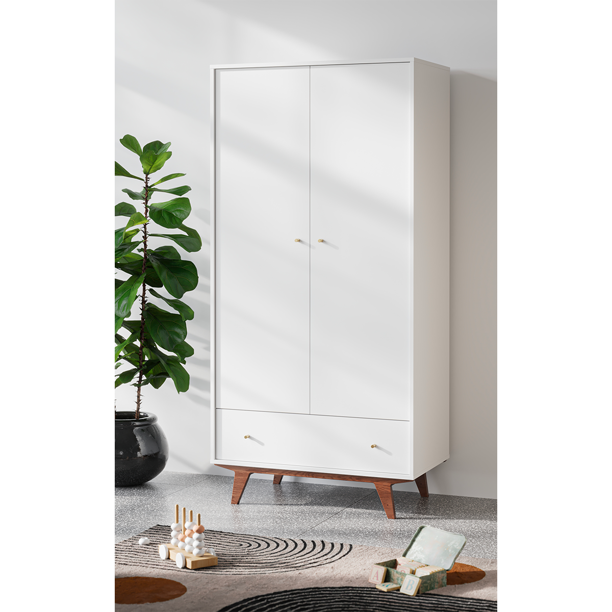 Armoire 2 portes 1 tiroir Vox Mid - Blanc et bois - vue 4