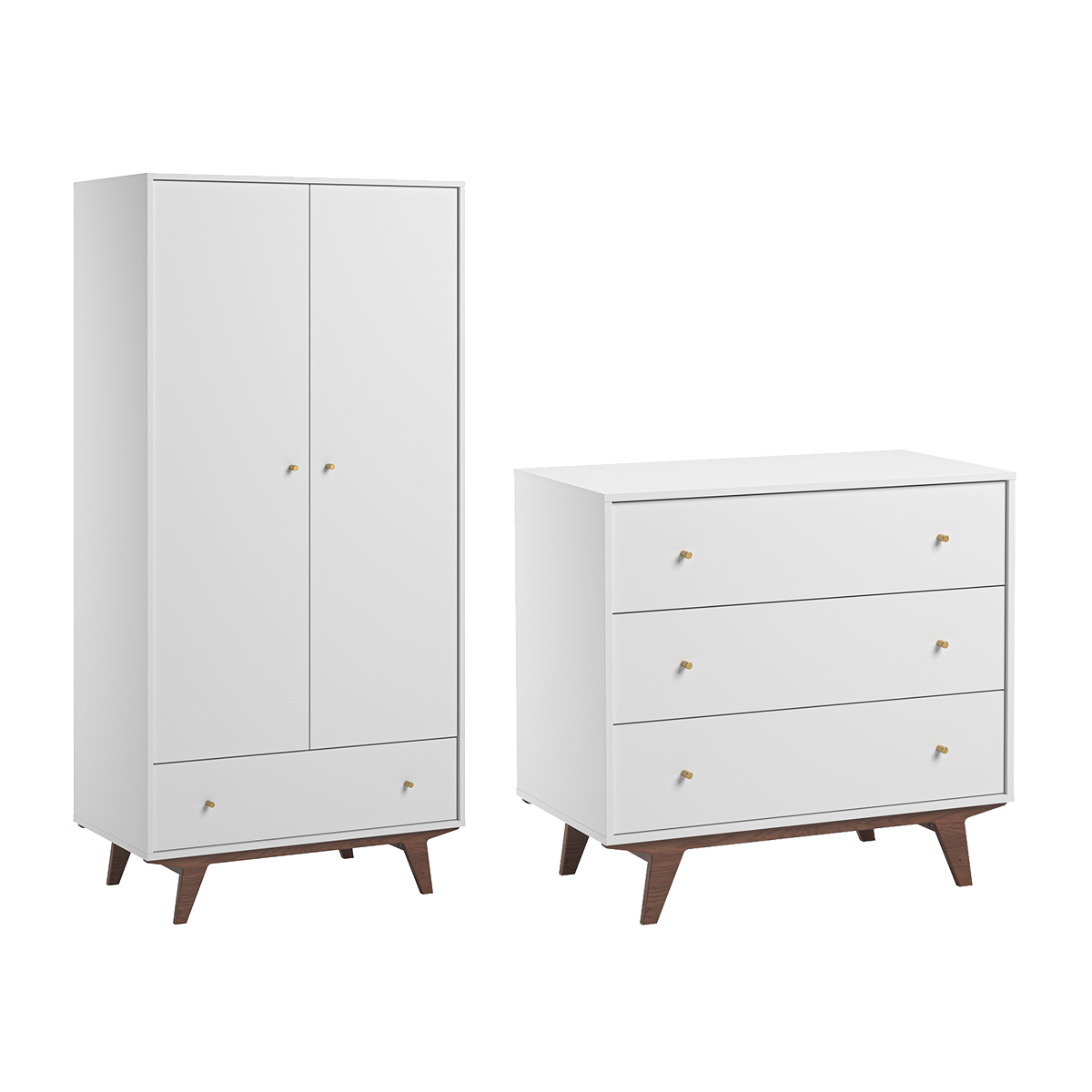 Commode 3 tiroirs et armoire 2 portes 1 tiroir Vox Mid - Blanc et bois