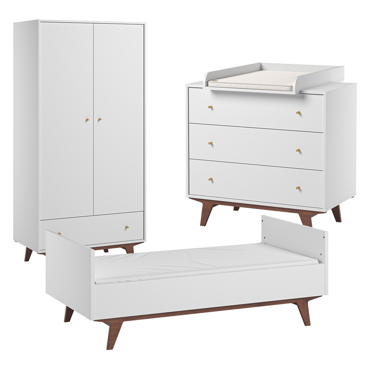 Chambre complète lit évolutif 70x140 commode à langer et armoire 2 portes 1 tiroir Vox Mid - Blanc et bois - vue 2