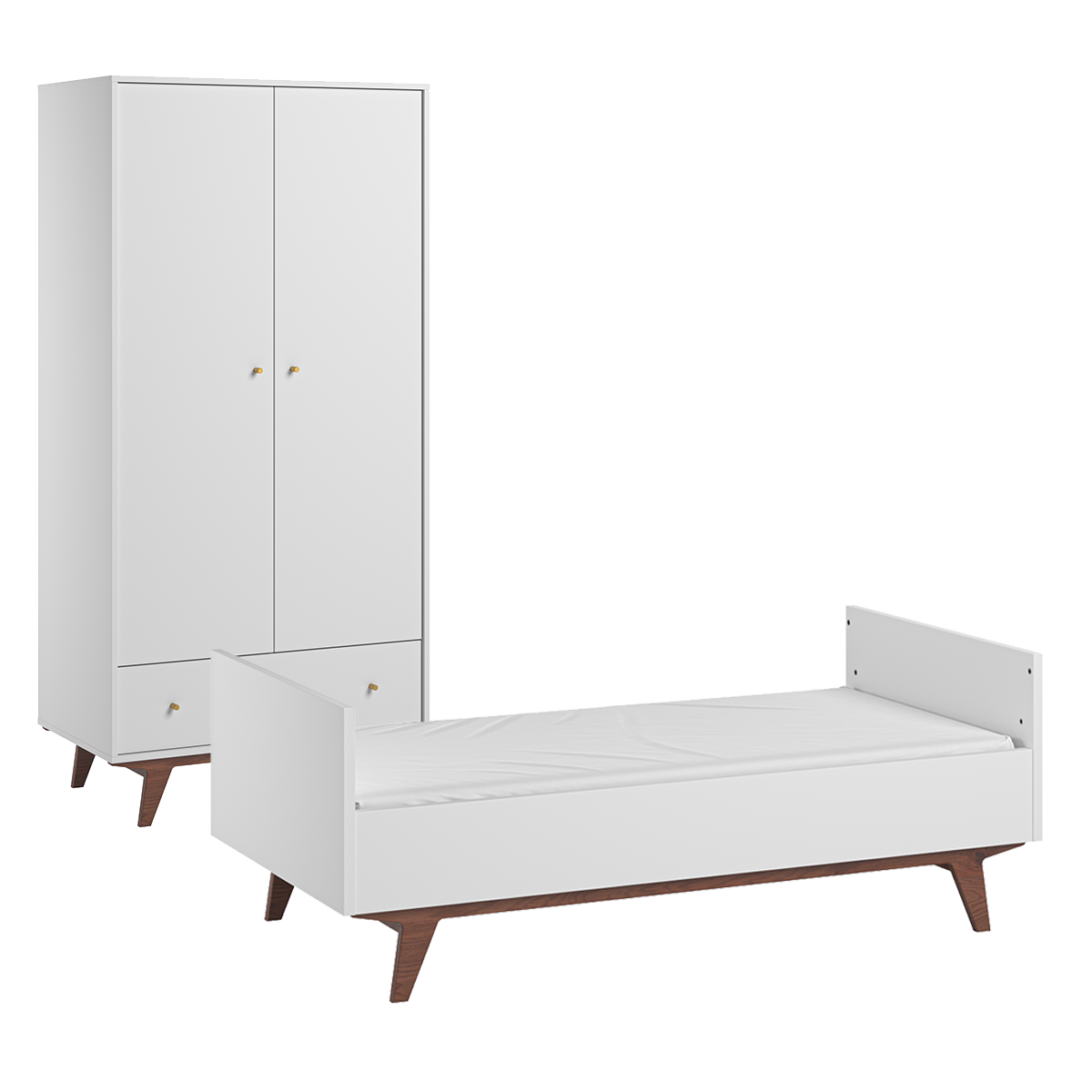 Lit évolutif 70x140 et armoire 2 portes 1 tiroir Vox Mid - Blanc et bois