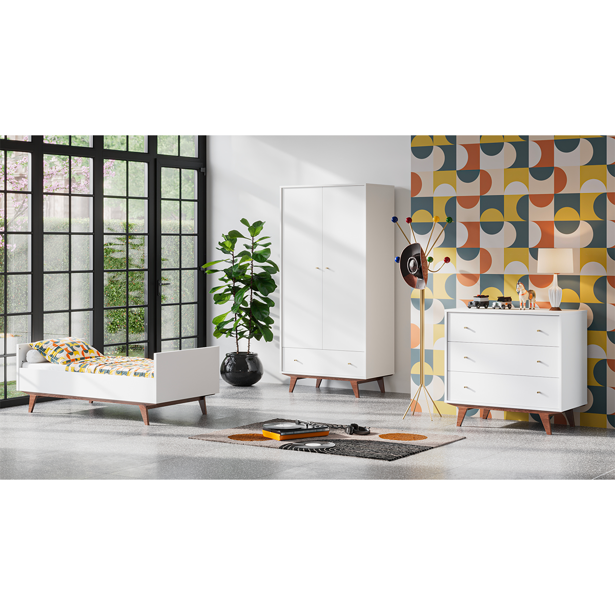 Chambre complète lit évolutif 70x140 commode à langer et armoire 2 portes 1 tiroir Vox Mid - Blanc et bois - vue 9