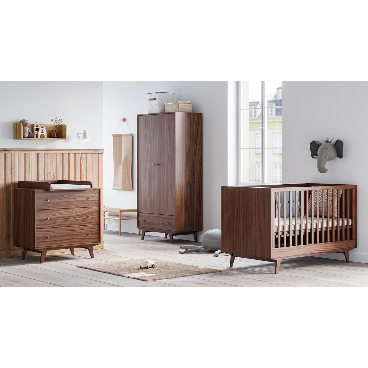 Chambre complète lit évolutif 70x140 commode à langer et armoire 2 portes 1 tiroir Vox Mid -  Bois - vue 8
