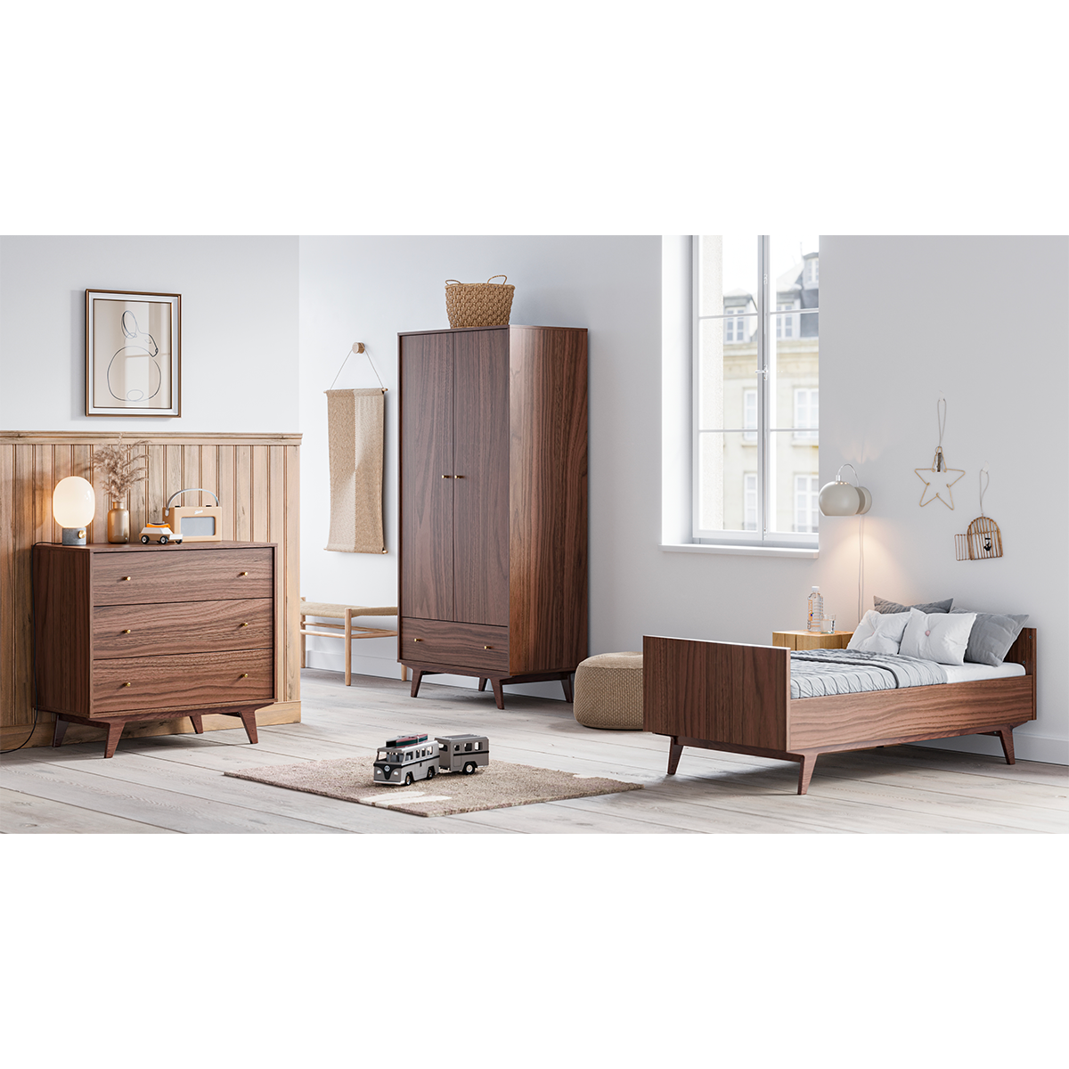 Chambre complète lit évolutif 70x140 commode à langer et armoire 2 portes 1 tiroir Vox Mid -  Bois