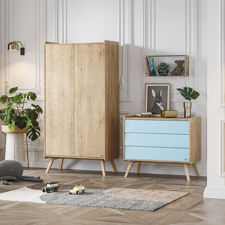 Commode 3 tiroirs et armoire 2 portes Vox Vintage Bois Bleu - vue 5