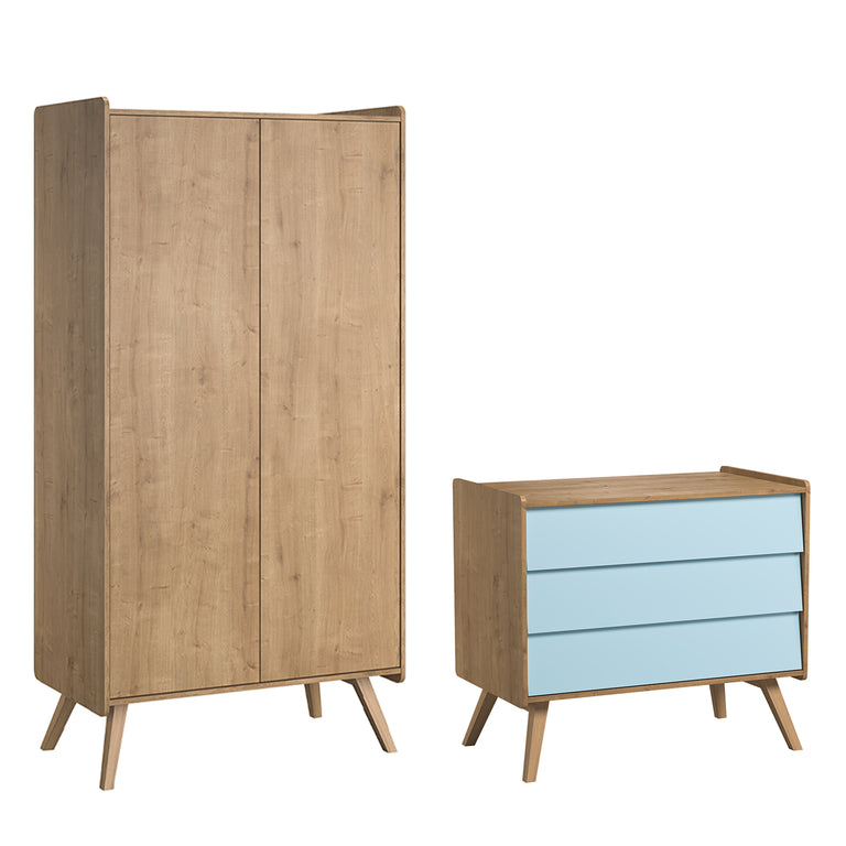 Commode 3 tiroirs et armoire 2 portes Vox Vintage Bois Bleu